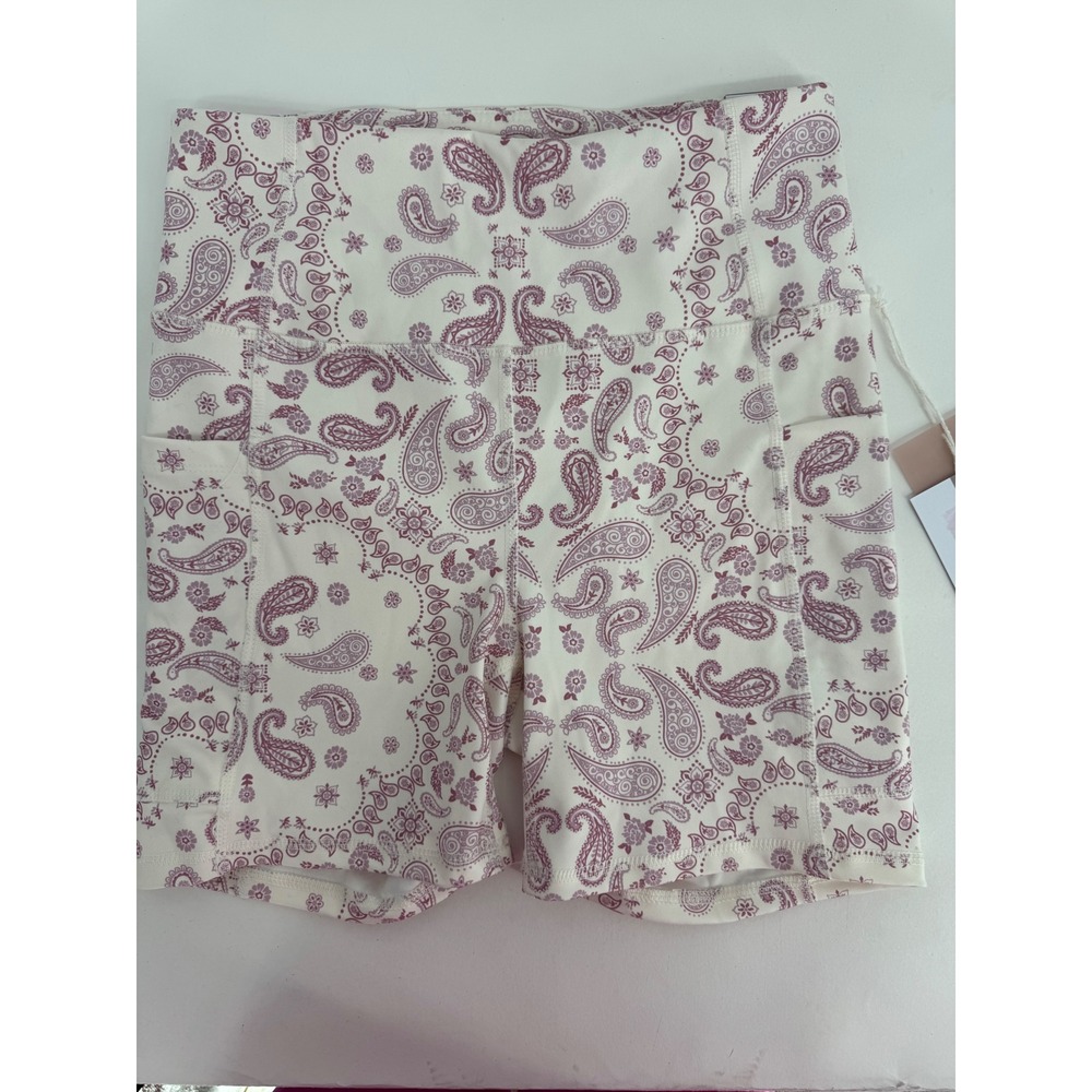 Jessica Simpson Active Slimtek Biker Shorts Paisley Cream Plum Womens Small NWT